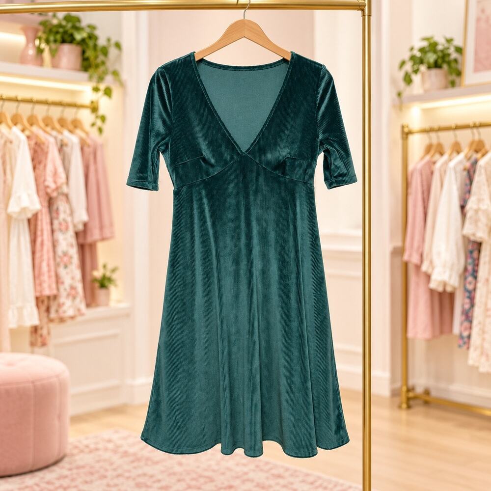 ModCloth Teal Green Velvet Corduroy V-Neck Empire Waist Dress Medium Skater